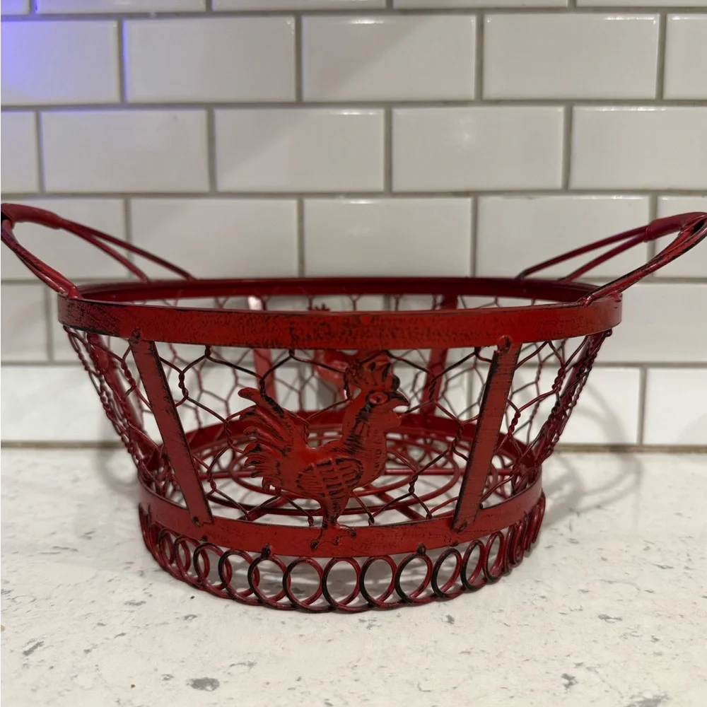 Red Rooster red wired metal basket approximately 7” diameter